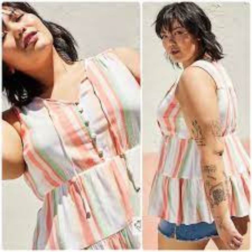 Torrid Rayon Slub Button-Front Tiered Tank Multi-Colored Stripe Size 1/1x